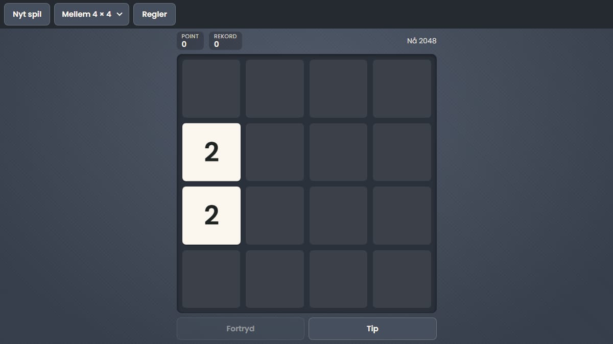 Skærmbillede af 2048 i gang på 7kabale-gratis.dk