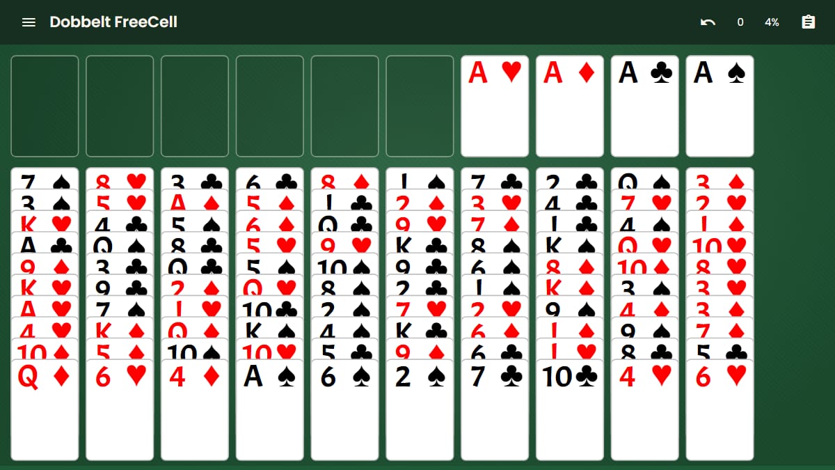 Skærmbillede af Dobbelt FreeCell i gang på 7kabale-gratis.dk