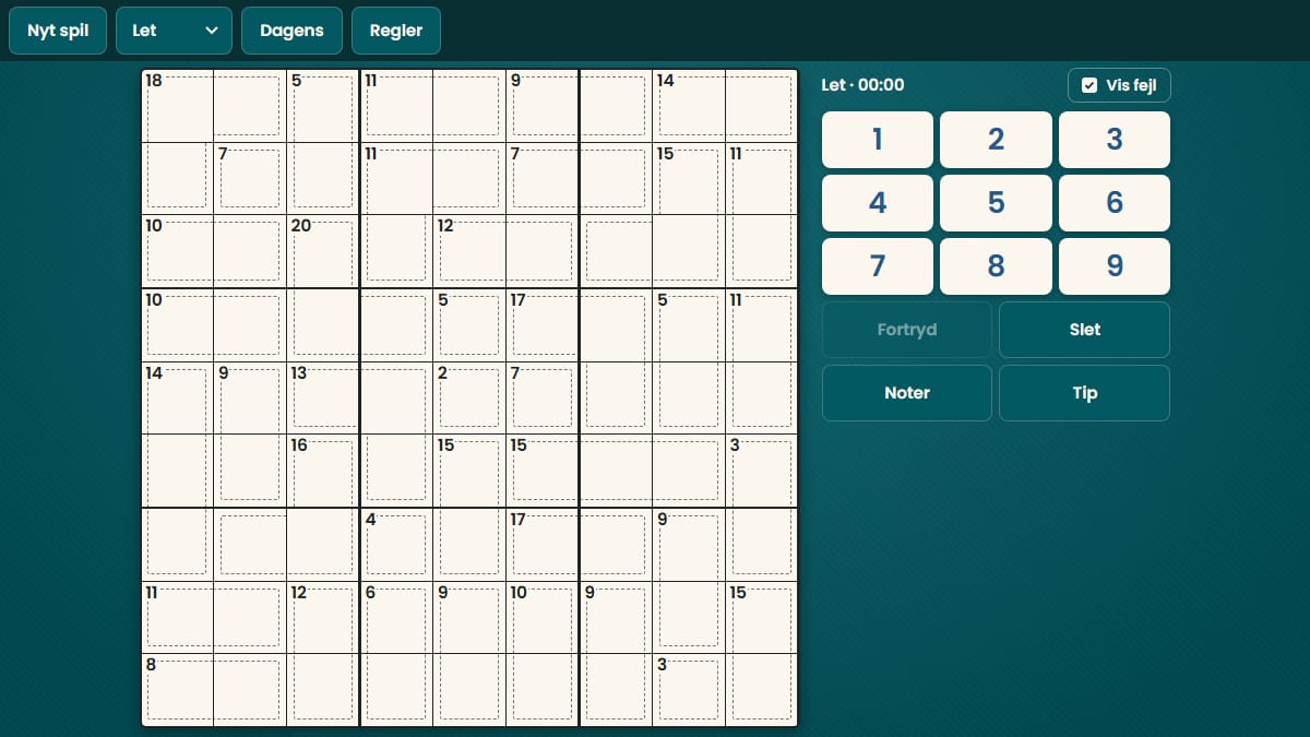 Skærmbillede af Killer sudoku i gang på 7kabale-gratis.dk