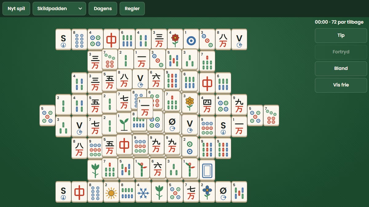 Skærmbillede af Mahjong i gang på 7kabale-gratis.dk
