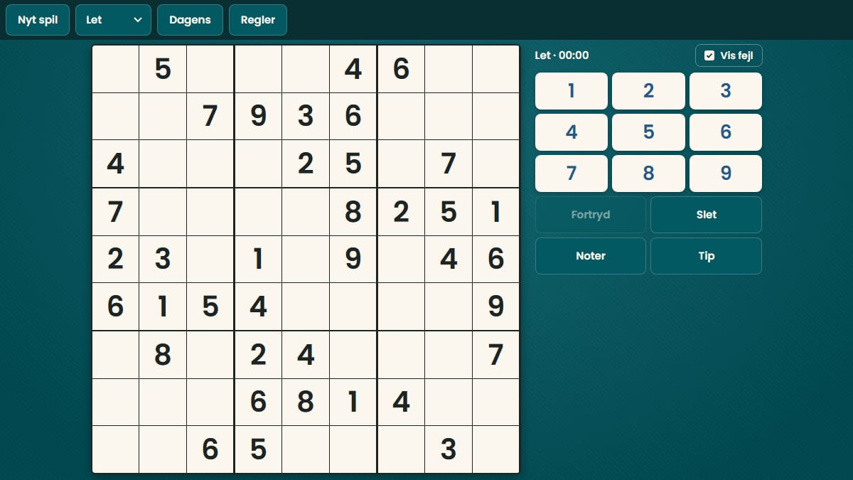 Skærmbillede af Sudoku i gang på 7kabale-gratis.dk