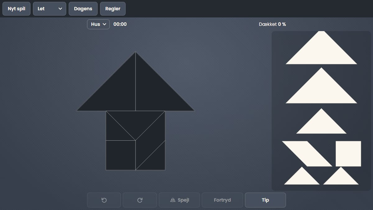 Skærmbillede af Tangram i gang på 7kabale-gratis.dk